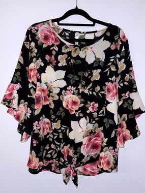 Watermelon Floral Ruffle Sleeve Women's Top - Black with  Roses